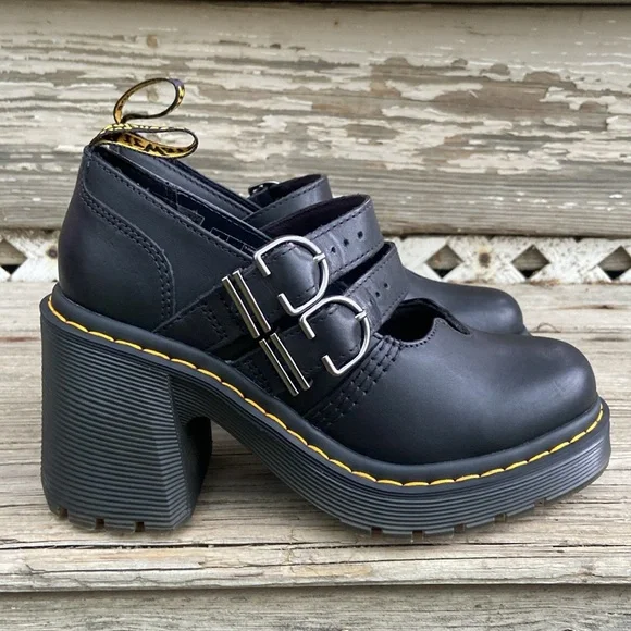 Dr. Martens Eviee Heeled Shoes in Black Sendal Leather Women's Size 6